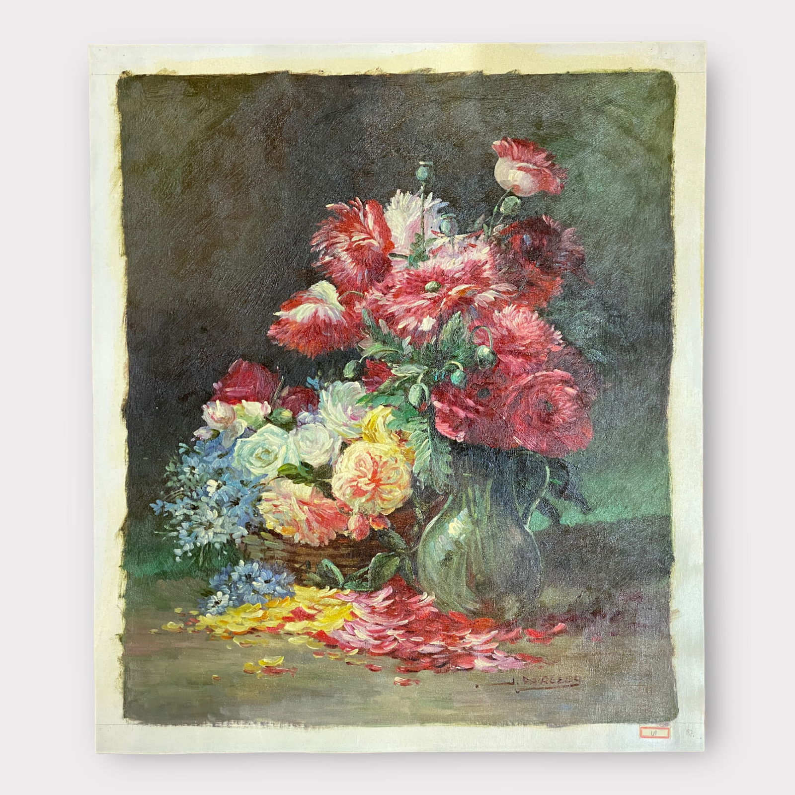 Illegibly Signed Still Life Flower Oil Painting on Canvas Unstretched (1 of 3)