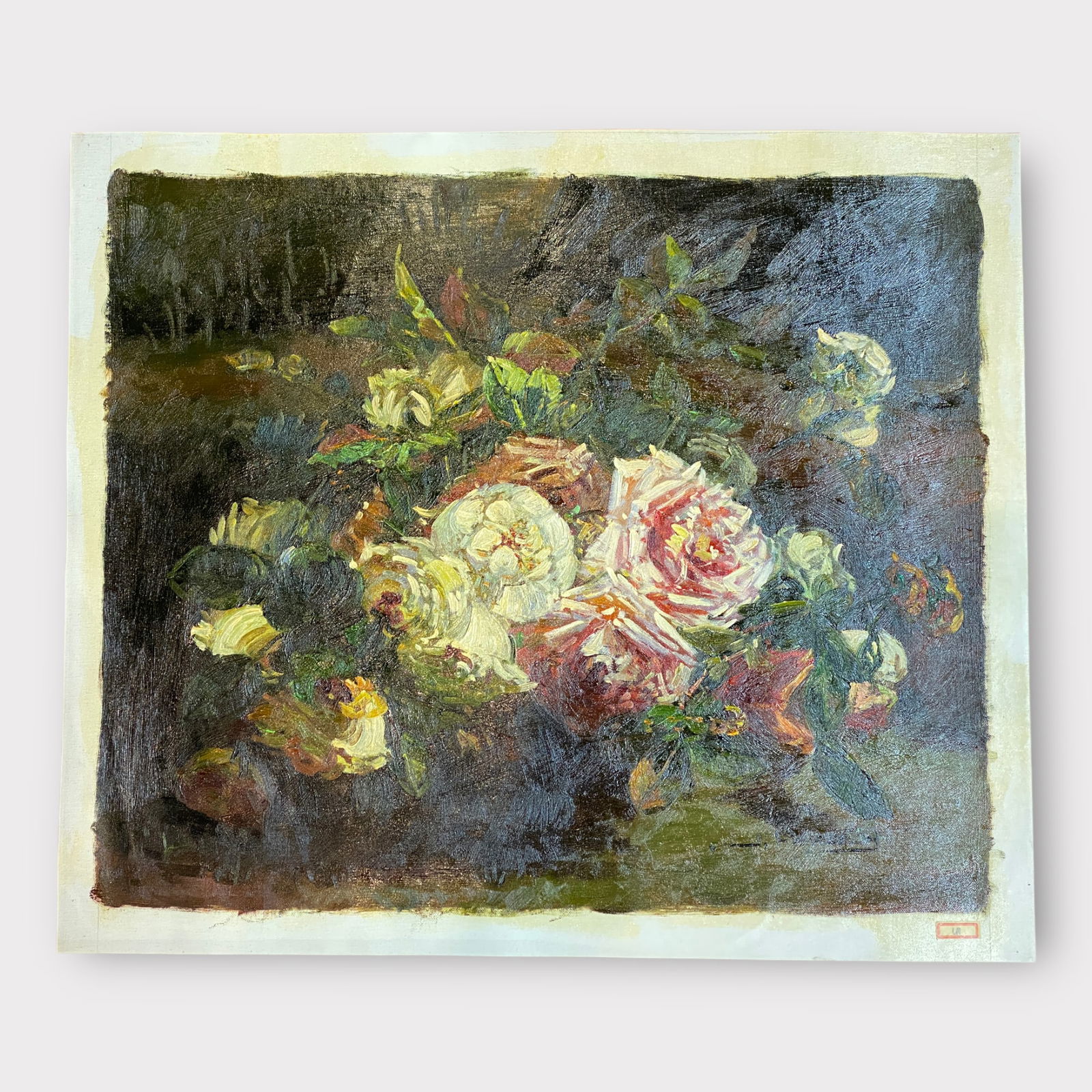 Illegibly Signed Still Life Flower Oil Painting on Canvas Unstretched (1 of 3)