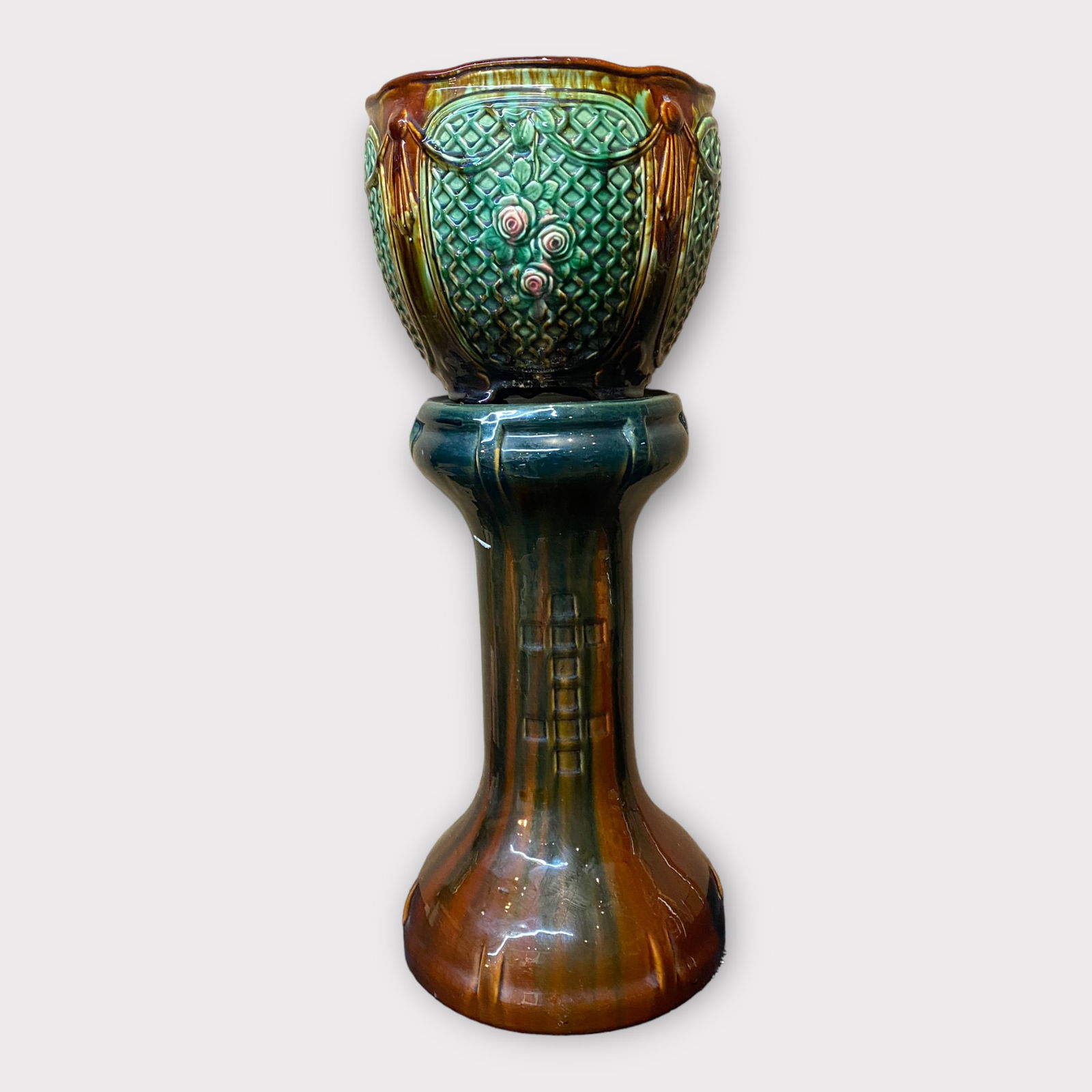 Antique Majolica Pottery Jardinaire Flower Pot w/ Pedestal 2pc Set (1 of 5)