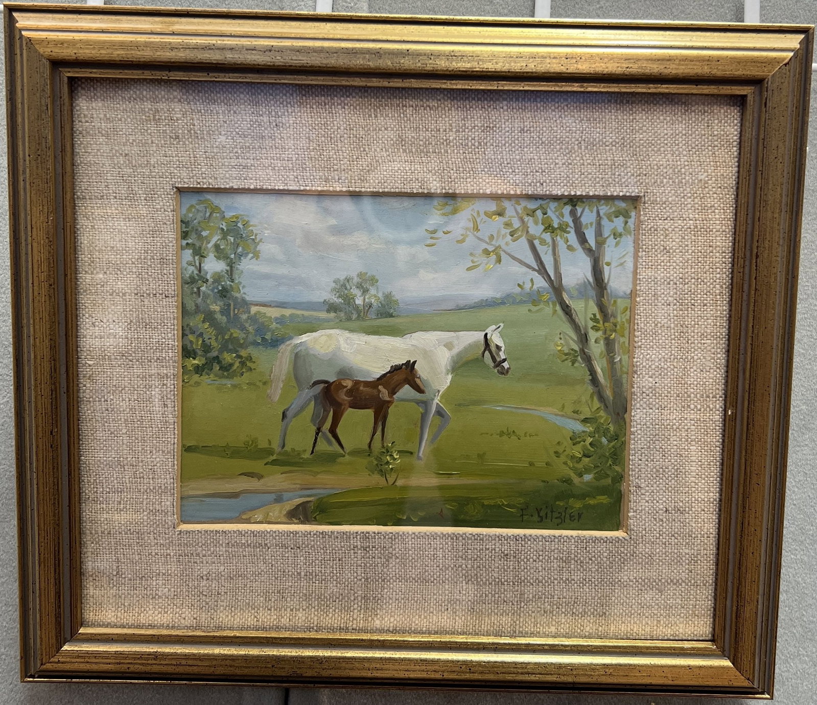 Vintage Fred Sitzler (Westfield, New Jersey, 1949-1990) Horse Equestrian Oil Painting: Vintage Fred Sitzler (Westfield, New Jersey, 1949-1990) Horse Equestrian Oil Painting. Circa 1960. Writing on back of frame. Signed bottom right. Frame Size: 11 x 9.5". Painting Size: 6.25 x 4.75".