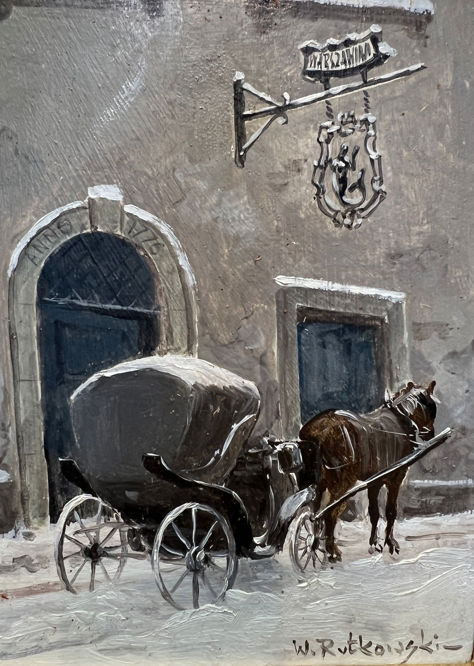 Vintage W.Rutkowski (Polish, 1915-1992)Street Scene Horse Carriage Oil Painting (1 of 3)