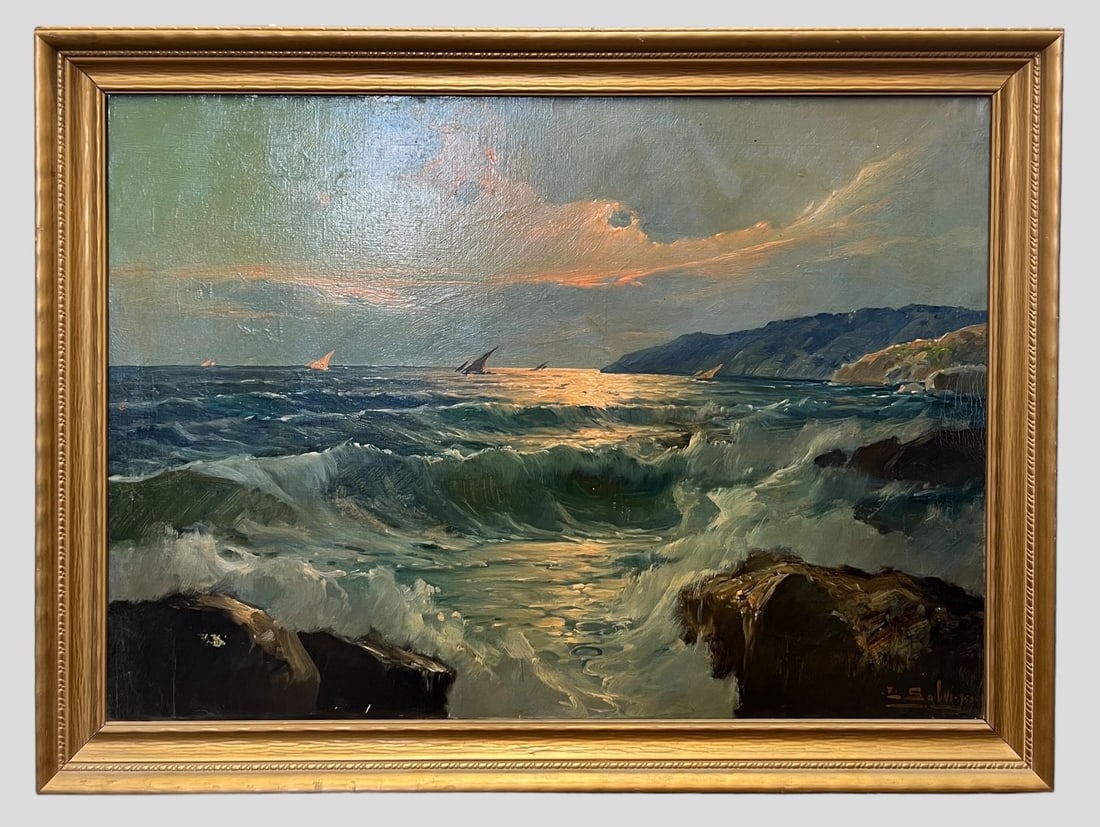 Vintage Ensel Salvi (Italian, b. 1910) 1950 Seascape Ocean Oil Painting (1 of 3)