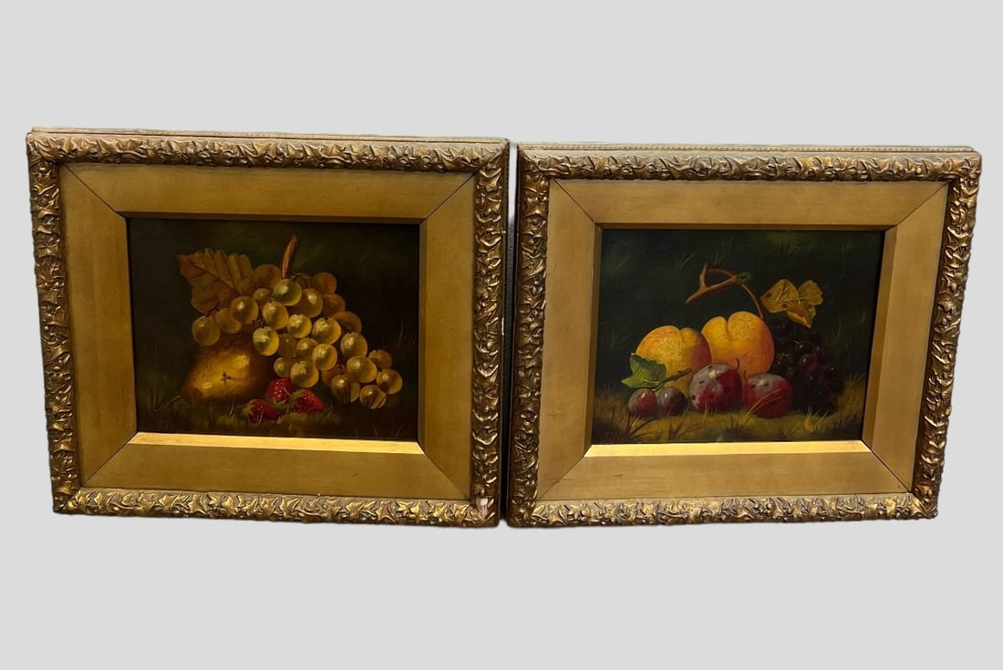 Lot of 2 Antique Signed Still Life Fruit Oil Paintings on Canvas (1 of 5)