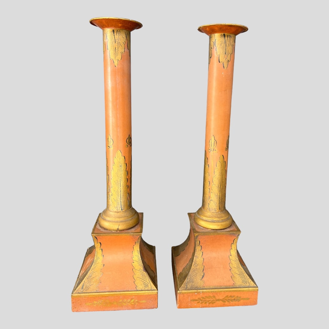 Antique Pair of French Toleware Orange Hand Painted Candle Sticks (1 of 4)