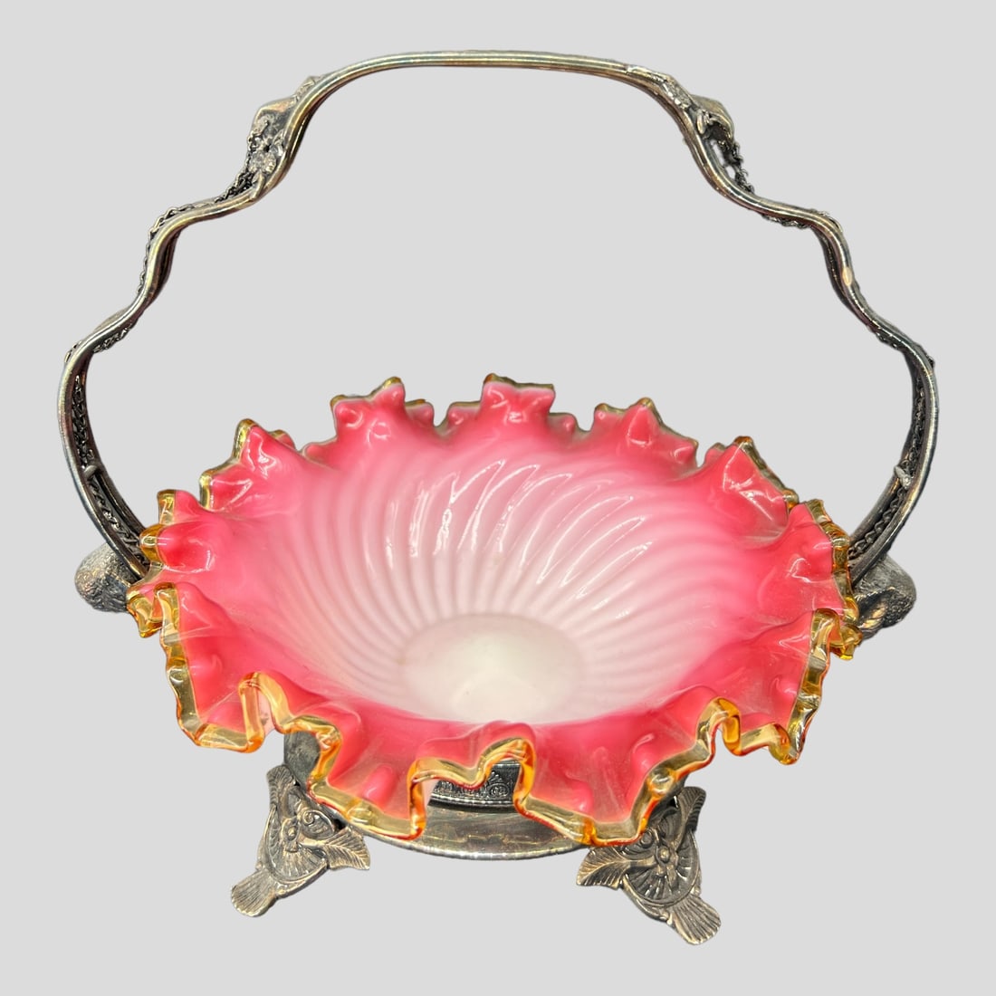 Antique Victorian Aesthetic Period Cranberry Glass Silver Brides Basket (1 of 11)