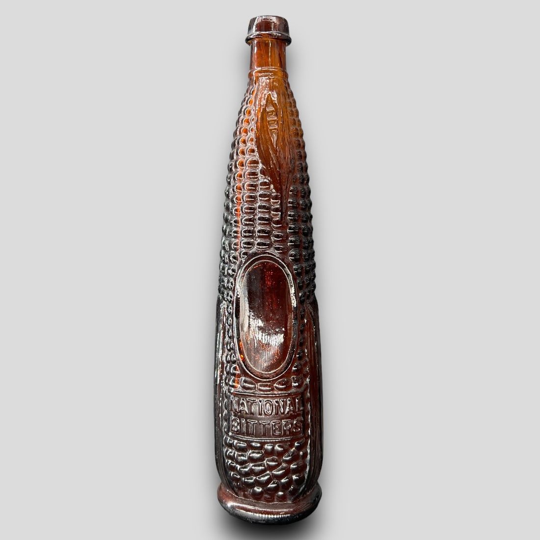 Antique 'National Bitters' Corn Amber Brown Figural Glass Bottle Patent 1876 (1 of 7)