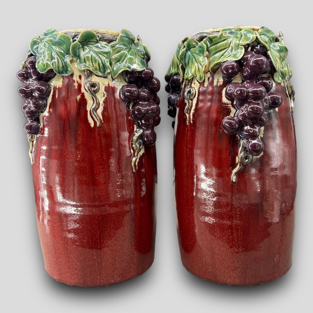 Pair of Asian Oriental Red Pottery Grape Fruit Vases 14" Tall (1 of 7)