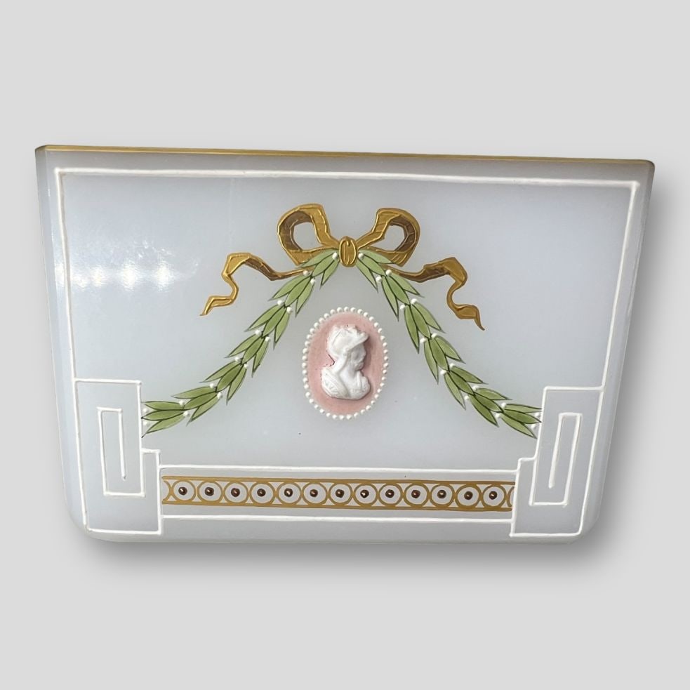 Vintage Opaline Glass Vase w/ Gilt Cameo Portrait Decoration: Vintage Opaline Glass Vase w/ Cameo Portrait Decoration. Unsigned.