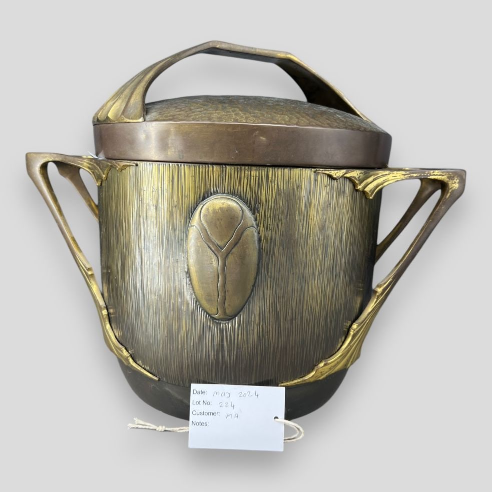 Vintage Art Nouveau Brass Large Ice Wine Bucket: Vintage Art Nouveau Brass Large Ice Wine Bucket. Decorated with a scarab. Marked on the bottom. Hammered top.
