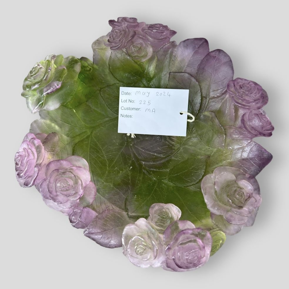 Vintage French Daum Glass Passion Rose Centerpiece Bowl: Vintage French Daum Glass Passion Rose Centerpiece Bowl. Green and purple shades; decorated with rose flowers on the edges and leaves on the inside.