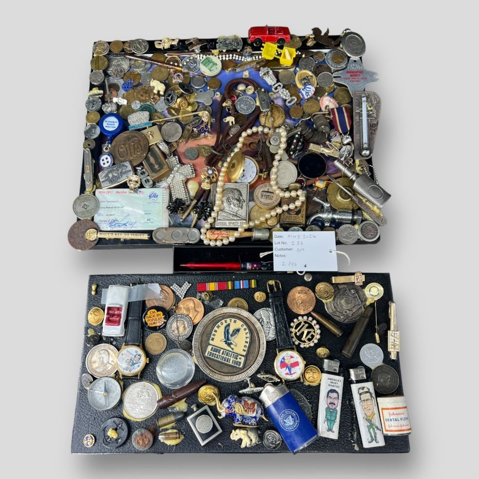 Collage of Vintage Political Pinbacks, Coins, Lighters, Tags (1 of 10)