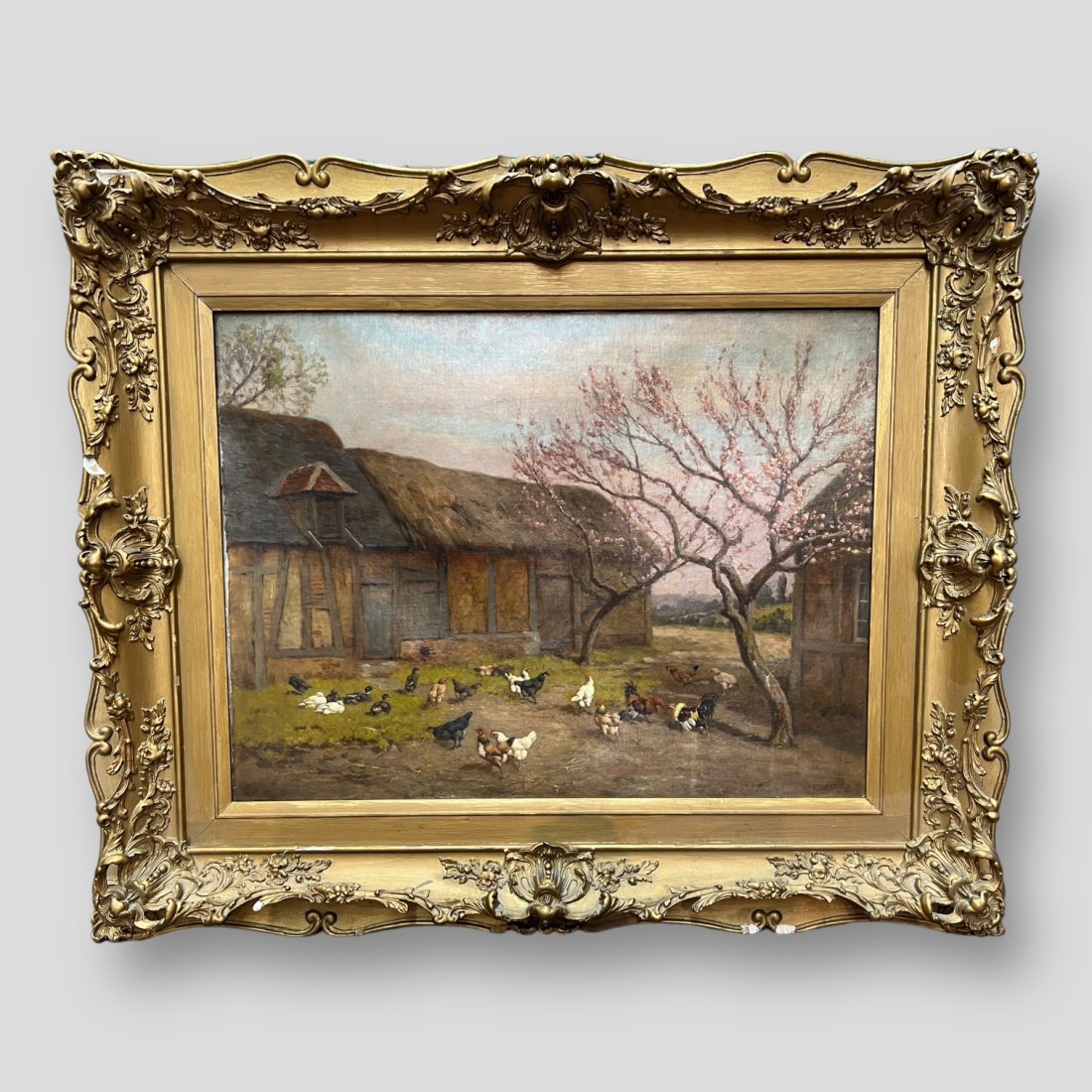 Antique Hen Chicken Rooster Oil Painting on Canvas Framed (1 of 7)