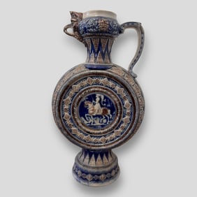 Antique German Stoneware Blue & Grey Salt Glazed Pitcher #576