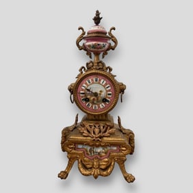Vintage French Gilt Ormolu Bronze & Porcelain Mantel Clock