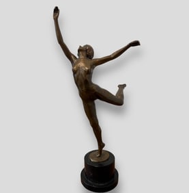 Antique Bronze Nude Dancer Figurine on Marble Base 19" Tall