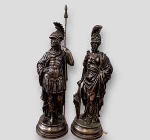 Antique Pair of Italian Silverplated Bronze Figures Roman Gods