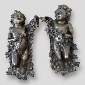 Pair of Antique Bronze Cherub Wall Hanging Figurines