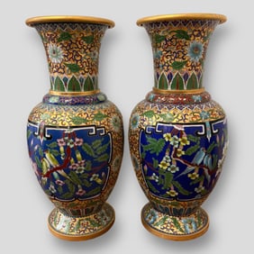 Pair Of Chinese Enamel Cloisonne Multicolor Floral Pattern Vases