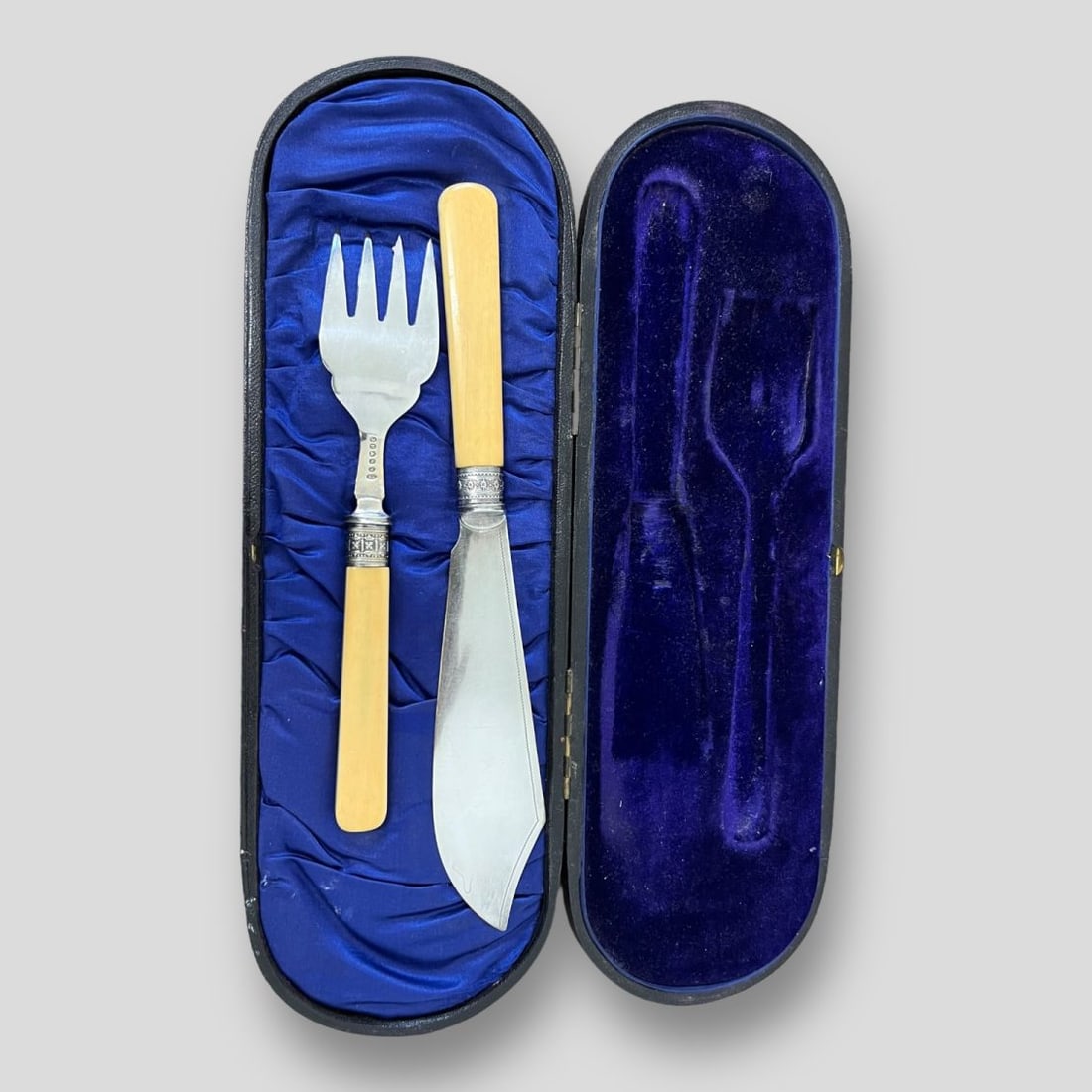 Antique Silver Banded Fish Knife & Fork Serving Set w/ Box (1 of 13)