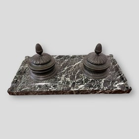 Antique Large Bronze Double Inkwell On Marble Base