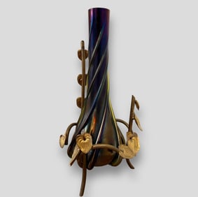Vintage Loetz Large Iridescent Art Glass Vase w/ Bronze Leaves