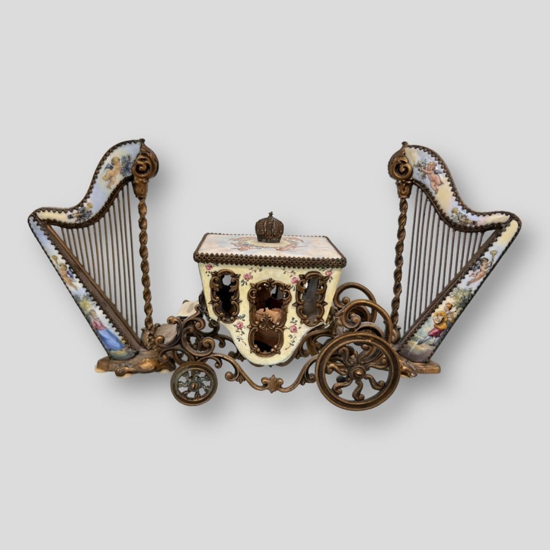 Antique Austrian Viennese Hand Painted Enamel Miniatures: Antique Austrian Viennese Hand Painted Enamel Miniatures. Rare 19c miniatures, 2 harps, and a Cinderella carriage. Gilt bronze & enamel.