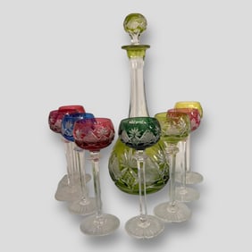 Vintage Cut to Clear Crystal Liquor Set Decanter & 8 Glasses