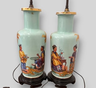 Pair of Chinese Celadon Hand Painted Lamps