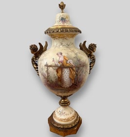 Antique French Sevres Porcelain Large Vase Urn Bronze Cherub Handles