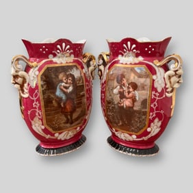 Antique English Pair Hand Painted Porcelain Vases