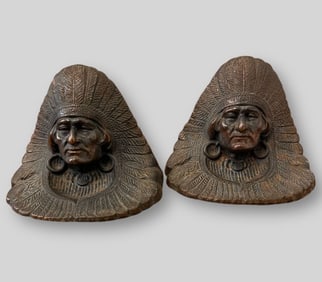 Pair of Antique Bronze Native American Indian Chief Bookends