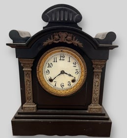 Antique Black Cast Iron Large Mantel Clock