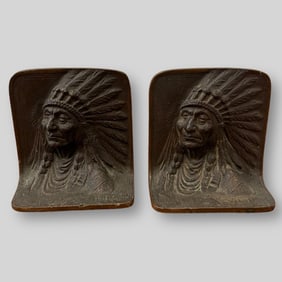 Pair of Antique Bronze Metal Indian Chief Bookends