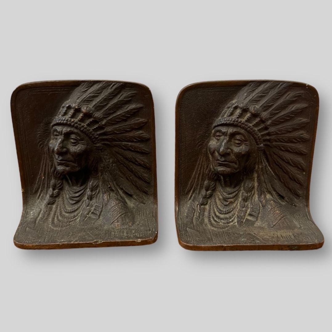 Pair of Antique Bronze Metal Indian Chief Bookends (1 of 5)