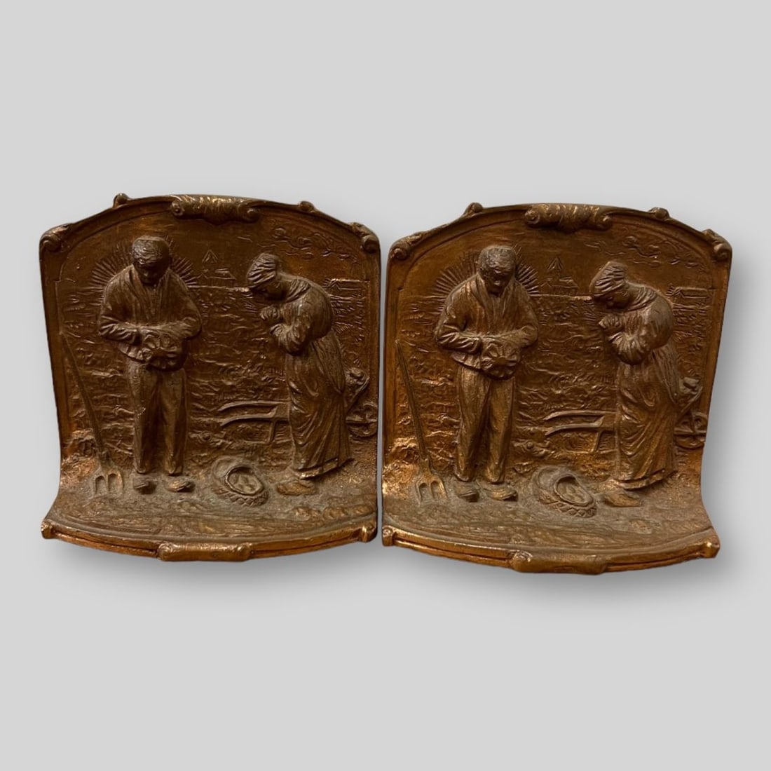 Pair of Bronze 'The Angelus Prayer at Harvest' Peasant Bookends: Pair of Bronze 'The Angelus Prayer at Harvest' Peasant Bookends . After Jean-Francois Millet.