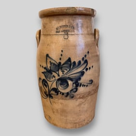 Haxstun & Co. Fort Edward New York #5 Blue Floral Decor Stoneware Crock Jar