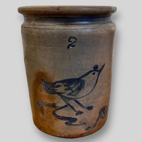 Antique #2 Blue Bird & Floral Pattern Stoneware Crock Jug