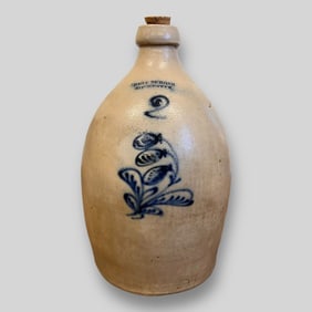 Antique John Burger Rochester New York #2 Blue Floral Design Stoneware Jug