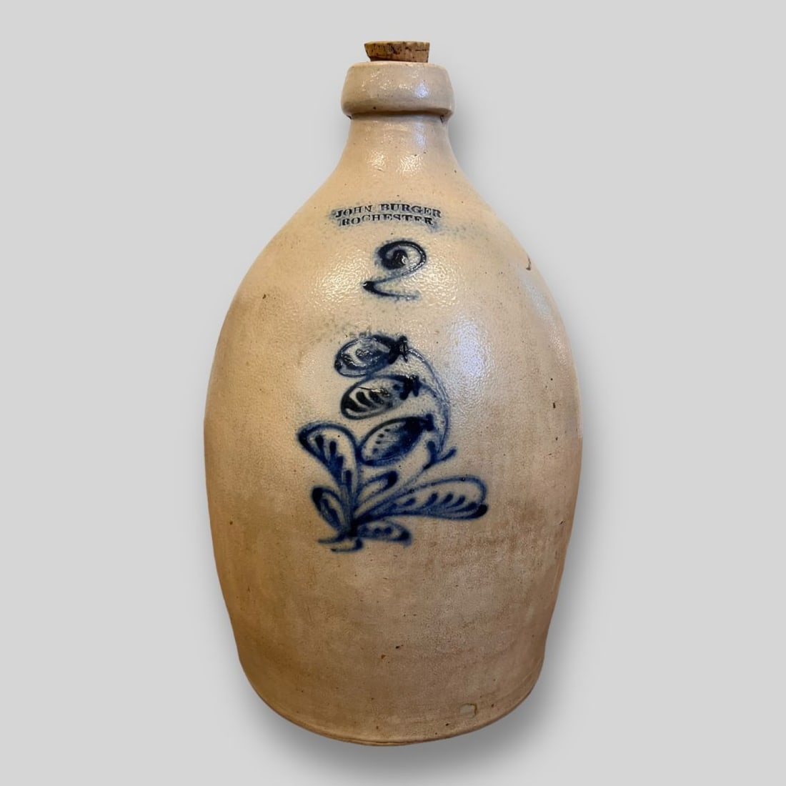 Antique John Burger Rochester New York #2 Blue Floral Design Stoneware Jug (1 of 5)