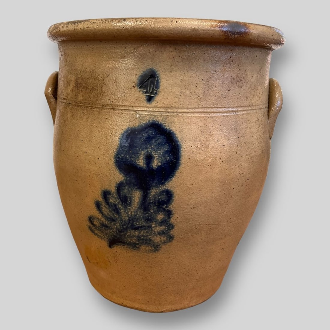 Antique Unmarked Blue Floral Design Crock Stoneware Elephant Ear Handles (1 of 10)