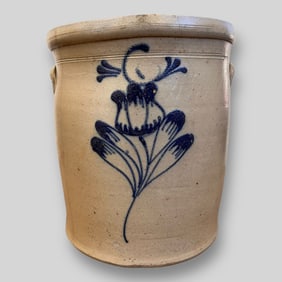 Antique Unmarked Blue Floral Design Crock Stoneware