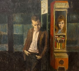 Oil Painting on Board Man Waiting for a Train