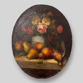 Antique Oval Still Life Flowers Fruit Oil Painting on Board