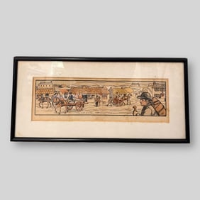 Jack B. Yeats (Irish, 1871-1957) Woodblock Print Western Town Horse Drawn Carriages