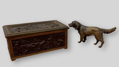 Lot of 2 Cast Iron Items Box & Dog Figurine