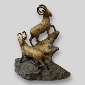 MCM Mid Century Modern Brass Rams on Mountain Statue Large 16" Tall