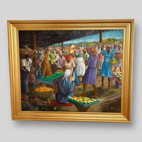 Pierre Edugene (Haitian, 1941-Present) Huge Acrylic Painting 'Market Scene' Framed
