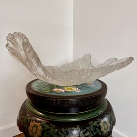 Vintage Illegibly Signed Art Glass Sculpture Giant Leaf Bowl Centerpiece