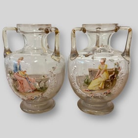 Antique Pair of Glass Vases Enamel Decoration