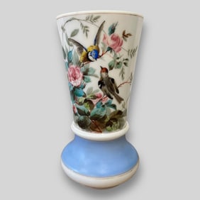 Antique Milk Glass Vase w/ Birds & Floral Design